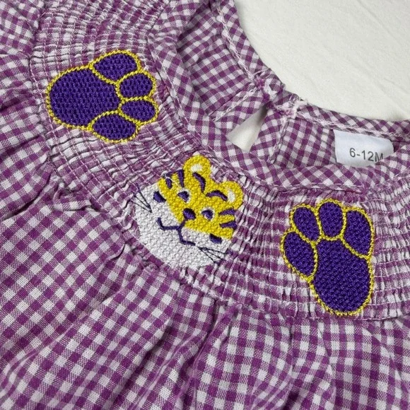Unbranded Smocked Romper Baby 6-12M Purple Gingham Tiger Paw Print Kids EUC LSU - Picture 10 of 11